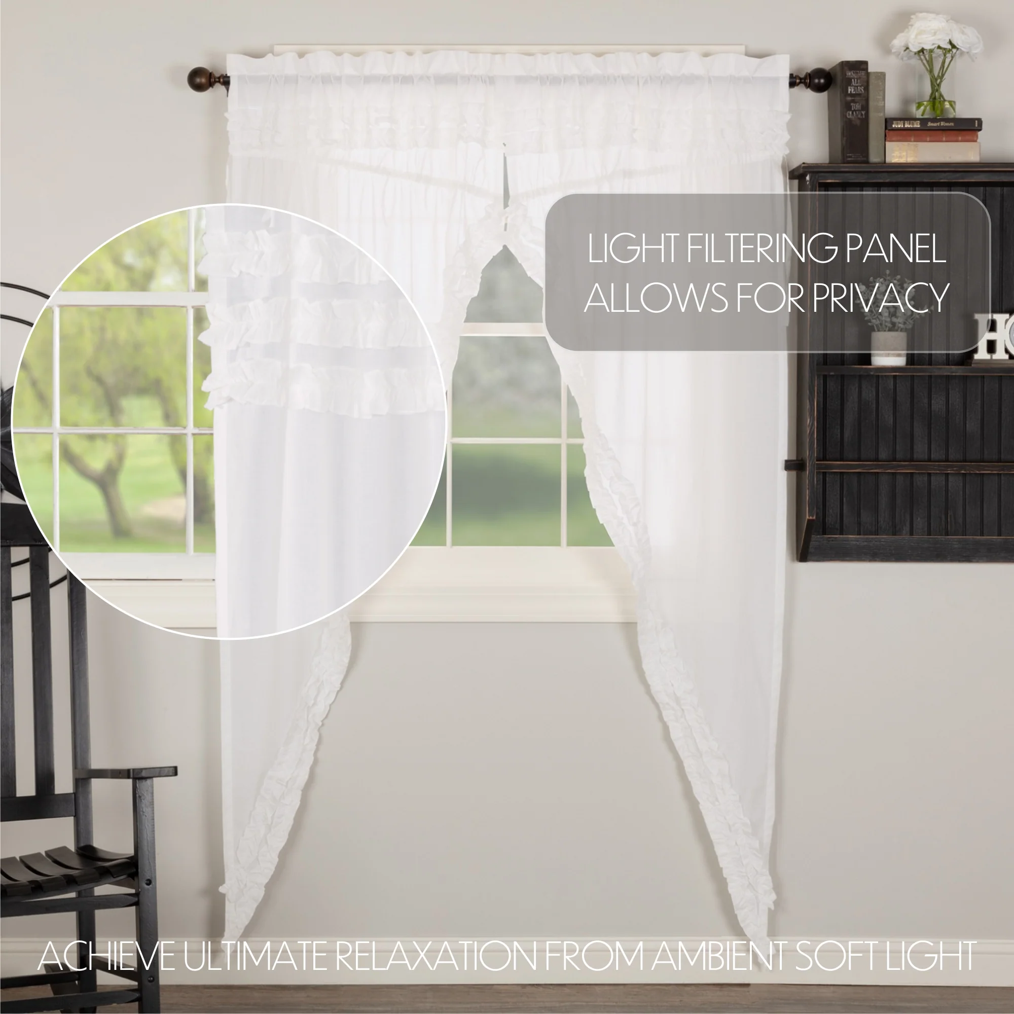 White Ruffled Sheer Prairie Curtain Panels | Farmhouse Cottage Window Decor - Designers Cove