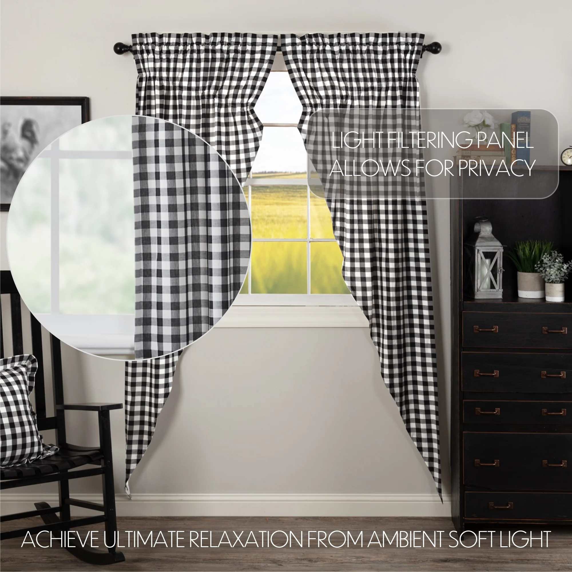 Annie Buffalo Black Check Prairie Long Panel Set of 2 84x36 | Farmhouse Buffalo Check Curtains - Designers Cove